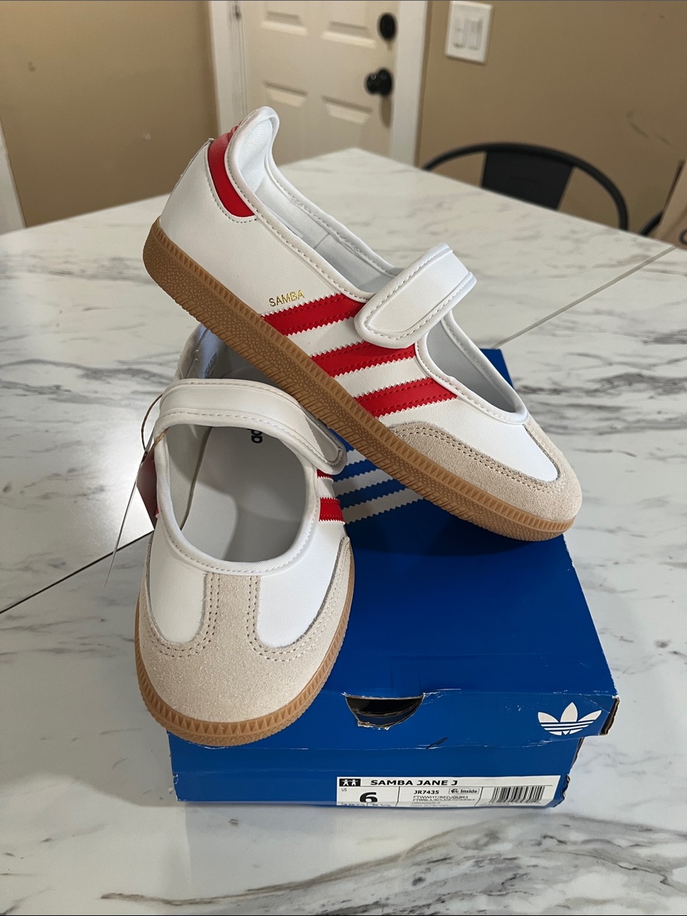 adidas Kids Samba Mary-Jane Sneakers - White with Red Stripes and Gum Sole